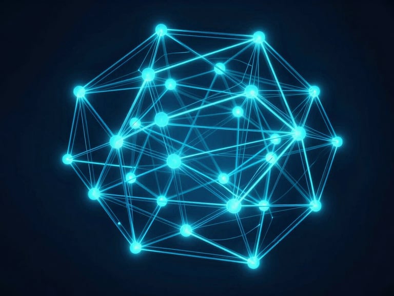 Abstract 3D geometric nodes glowing with electric cyan light, interconnected by thin digital lines on a dark blue background, architectural framing, high-contrast digital luminescence.