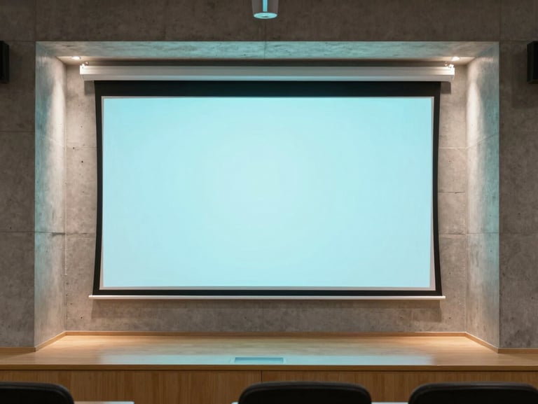 Modern educational space with clean concrete walls, illuminated by a soft cyan digital overlay on a projection screen, architectural framing