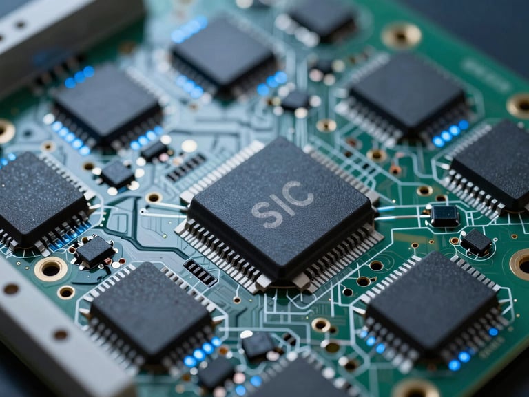 Macro photography of a dense PCB layout featuring SiC mosfets and clean solder joints under cool clinical laboratory lighting, sharp blue highlights.