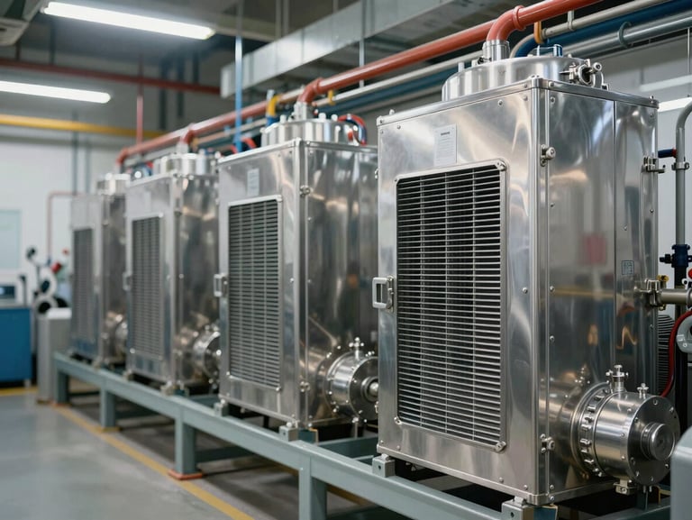 Crisp macro shot of a complex industrial mechanical room, showing neatly organized stainless steel HVAC chillers and color-coded piping under bright lighting.