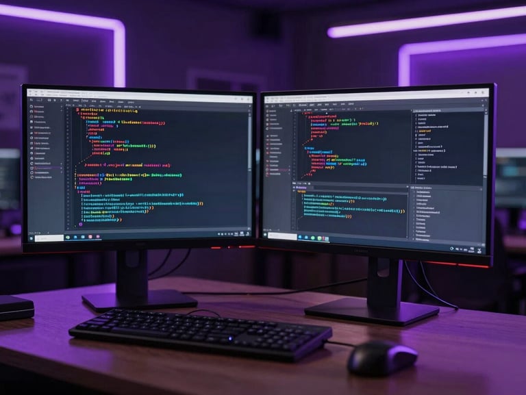 A high-fidelity software engineering environment in Gurugram, showing dual monitors with complex code structures, dark ambient room with neon violet edge lighting, professional atmosphere.