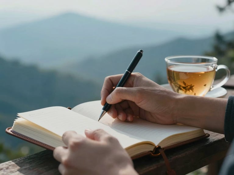 Close-up of hands writing in a leather journal next to a warm cup of herbal tea, soft morning light, 35mm.
