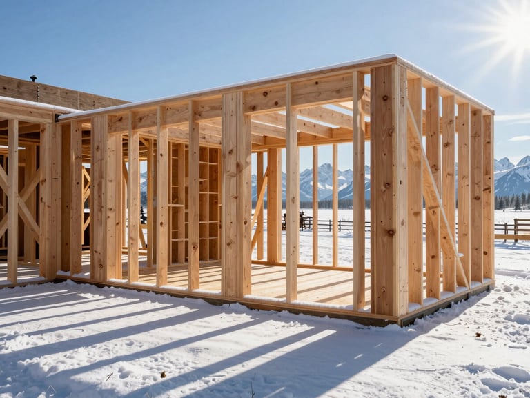 A snow-dusted heavy timber deck frame under construction, massive cedar joists, crisp winter sun casting long shadows, Tetons faintly visible in the background.
