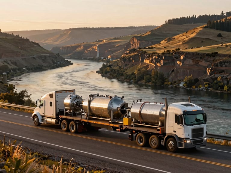 A powerful wide-angle shot of a flatbed truck carrying heavy industrial equipment along a winding Columbia River Gorge highway at sunrise, early morning golden light