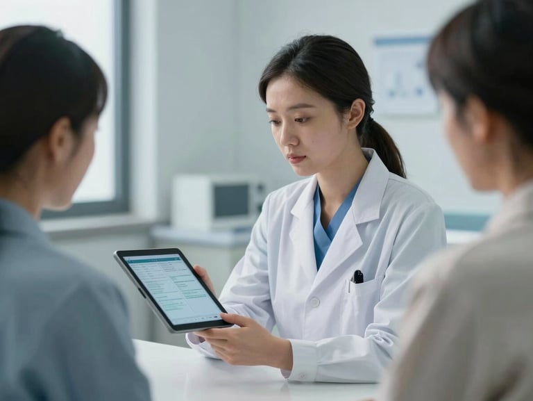 Medium shot of a physician in a sterile, bright consultation room showing a patient diagnostic data on a tablet, natural cool clinical lighting.