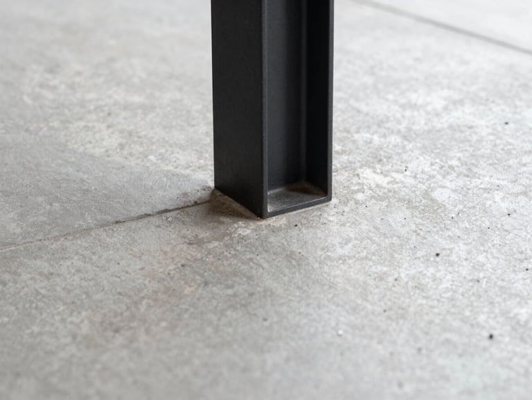 Macro straight-on detail shot of a premium material junction, polished concrete meeting a matte black steel column, soft diffused daylight, sharp focus.