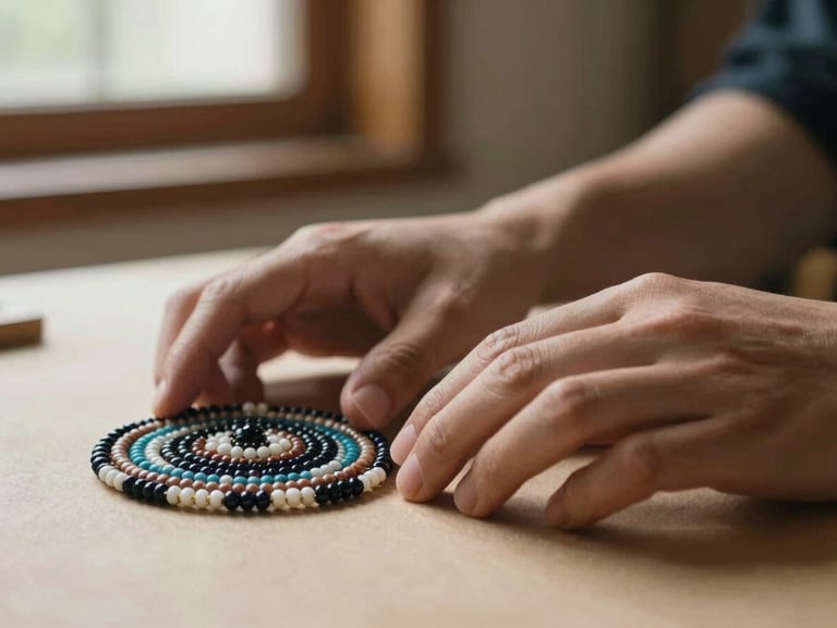 Intimate close-up of Yuzen's hands resting beside a finished beaded object on a warm neutral surface, warm natural window light, the hands still and present, shallow depth-of-field with soft background