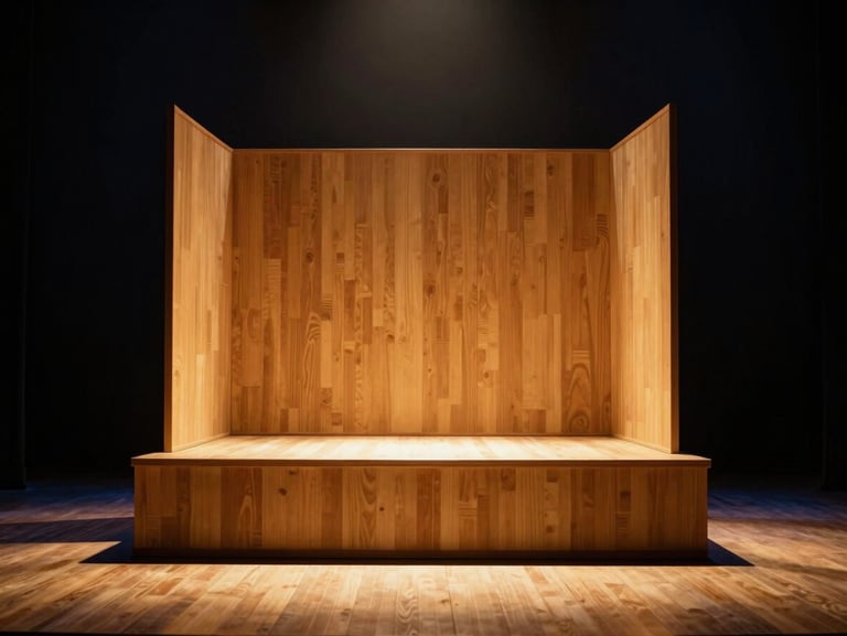 Wide shot of a theatrical stage setting, minimalist wooden set design, bathed in warm golden tungsten light, deep shadows.