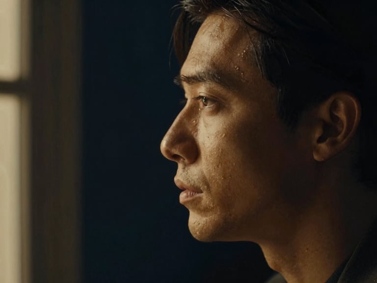 Low-key dramatic portrait of an actor in profile, illuminated by warm window light against a deep navy background, rich chiaroscuro.