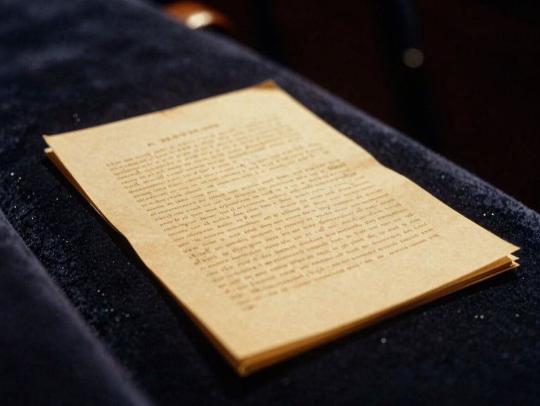 Close-up of a vintage stage script resting on a velvet theatre seat, golden spotlight illuminating the pages, shallow depth of field, 35mm film.