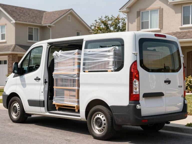 A clean removals van outside a suburban house, neatly loaded with wrapped furniture, showing professional moving standards.