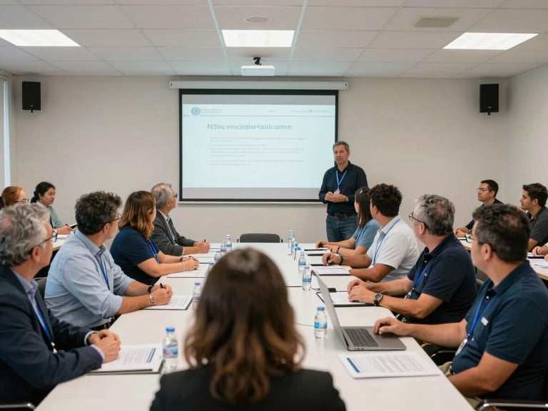 Medium wide shot of an insurance training session in a provincial Argentine conference room, mixed-age adults around a table with printed materials, presenter standing beside a projected screen, bright overhead and natural light, documentary framing