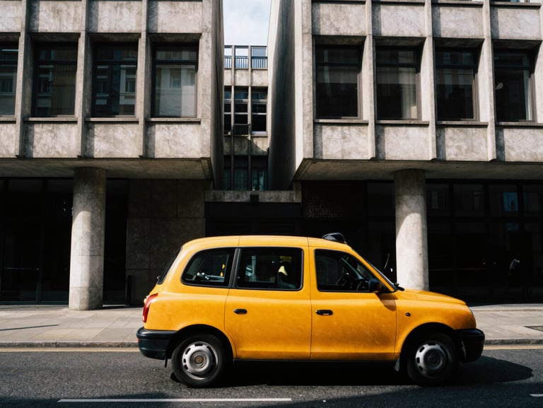Candid motion shot of a yellow cab speeding past brutalist concrete buildings in London, high-contrast natural light
