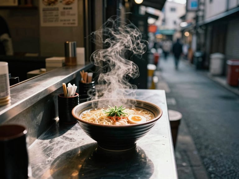 Tight dynamic close-up of steaming ramen on a metal counter in a narrow Tokyo alley, hard shadows, warm city tones