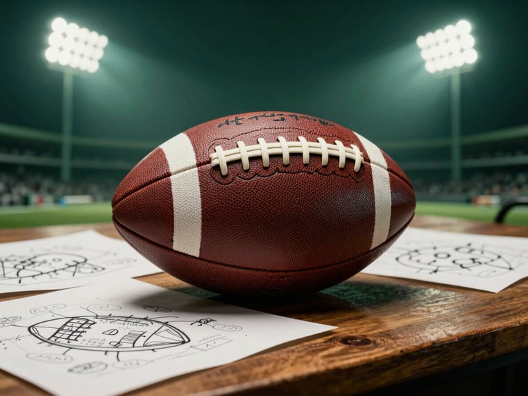 A vintage leather football resting on a wooden table next to tactical sketches, dramatic side lighting, rich green tones.