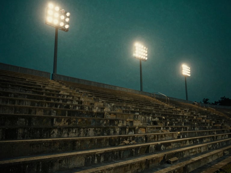 Atmospheric shot of empty concrete stadium steps at dusk, floodlights starting to glow, high contrast, 35mm film grain.
