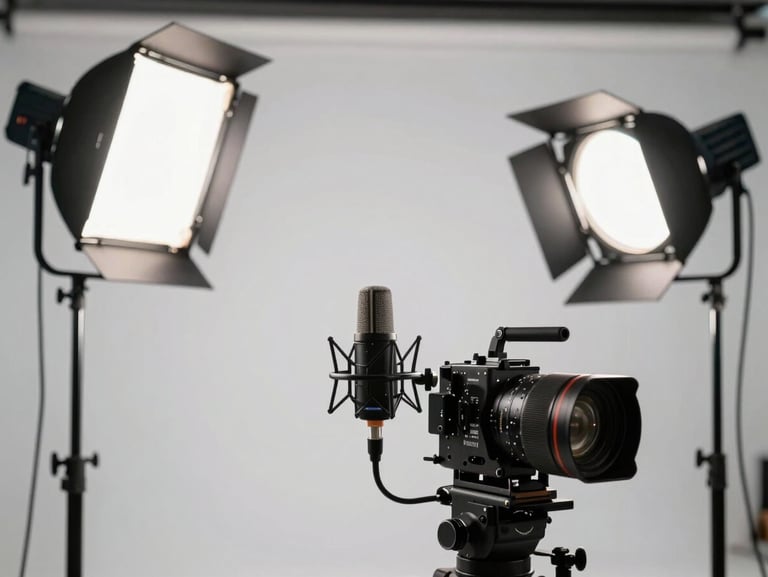 A professional broadcast studio setup with bright daylight key lights, modern micro, and clean minimalist background, premium television style.