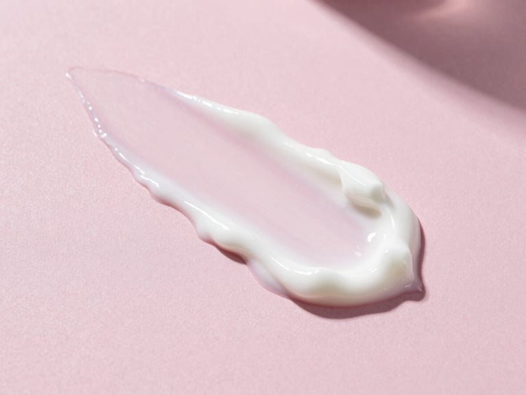 Close-up of a creamy white cosmetic lotion swatch on a dusty pink background, soft shadows, natural morning light, clean editorial texture