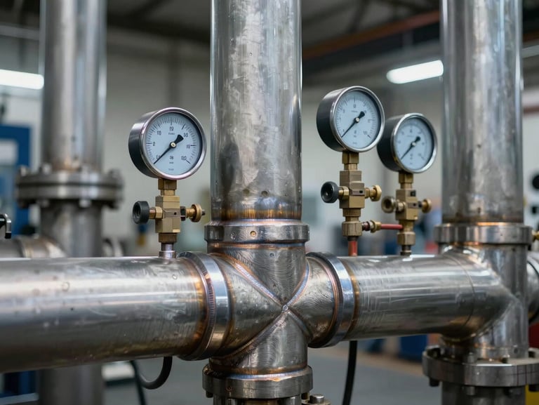 Close-up of precise pipe welds and pressure gauges, high-contrast industrial lighting, cool steel tones, 35mm