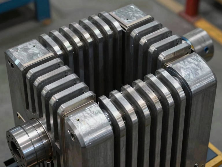 Precision-cut grain-oriented silicon steel laminations stacked into a heavy transformer core