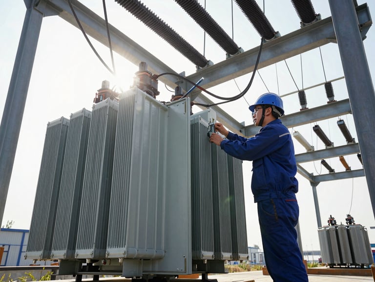 High-contrast dramatic shot of an electrical technician examining a transformer radiator panel on site, bright morning light cutting through heavy steel structures, wide angle.