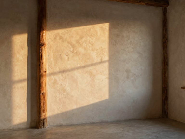 Soft golden hour light hitting textured plaster walls and raw timber columns inside a silent, unpeopled room.
