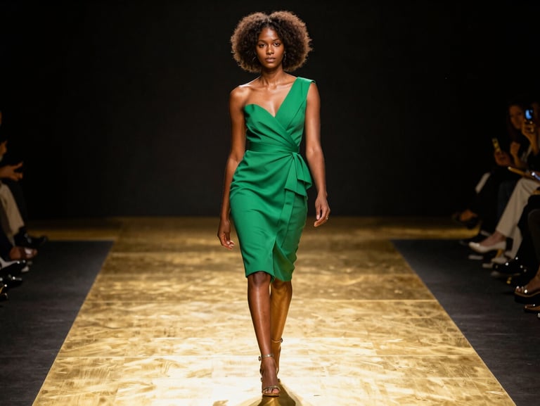 Dynamic runway video still of Josefa Alene Mbá walking with absolute poise, high contrast, golden rim lights, 85mm
