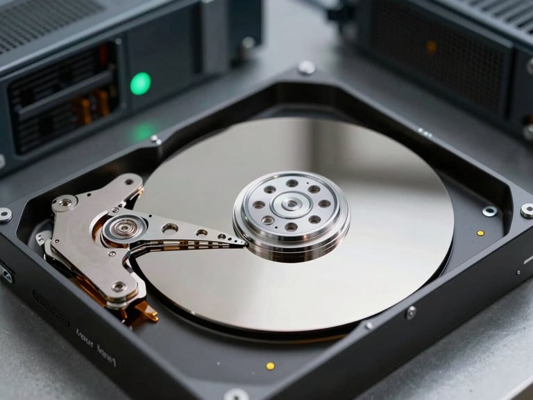 Cool clinical macro shot of a server hard drive being physically shredded inside a high-security facility, steel gray tones, subtle green status light.