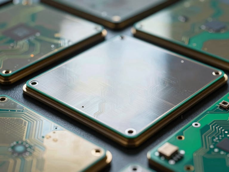 Macro shot of polished silicon wafers and green circuit components under clean cool studio lighting, representing high-value asset recovery