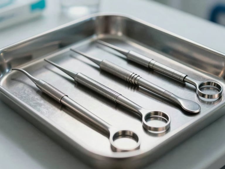 Close-up of sterile, modern dental instruments arranged neatly on a metal tray under soft, non-glare clinical lighting