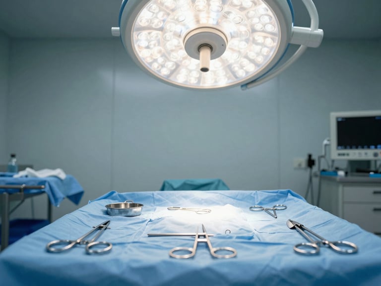 Wide-angle view of a sterile operating theater preparation space, surgical instruments laid precisely on a blue sterile drape under bright clinical overhead lighting, no people visible, minimal and precise composition