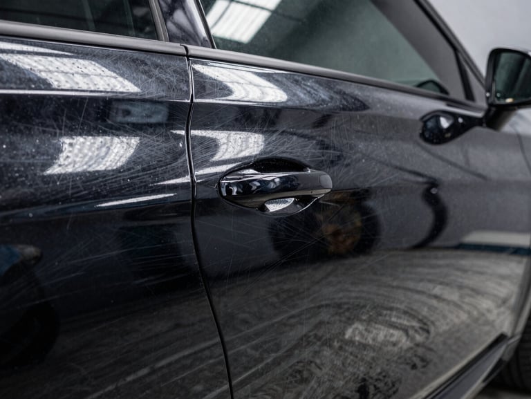 Close-up before-and-after of deep scratches on a black metallic car door, transitioning to a flawless mirror-like clear coat reflecting overhead LED bar lights