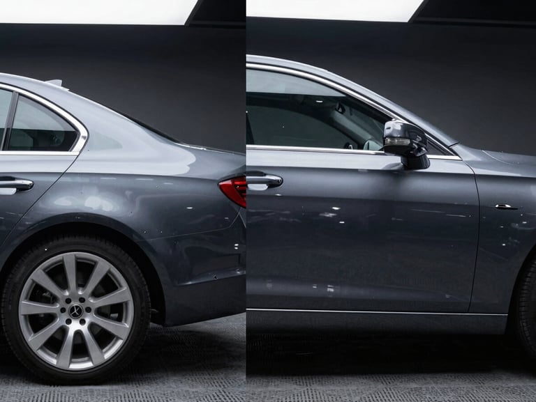 Side-by-side comparison of a crushed grey luxury sedan rear quarter panel before repair, and the perfectly smooth restored panel after paint prep, sharp studio lighting