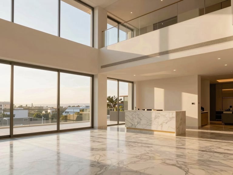 Bright architectural interior of a luxury penthouse in San Isidro, high ceilings, marble floors, soft golden hour sunlight, 35mm lens