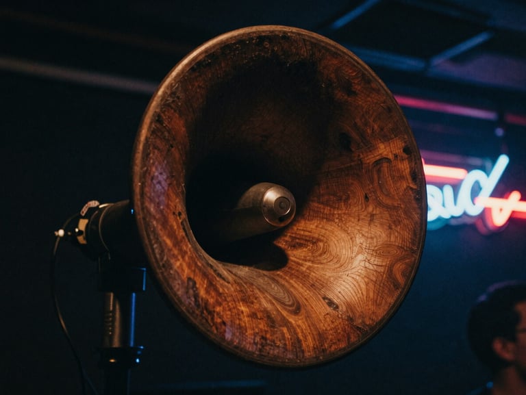 Close-up of a massive hand-built wooden speaker horn, deep shadows, electric neon flares, gritty concert venue aesthetic