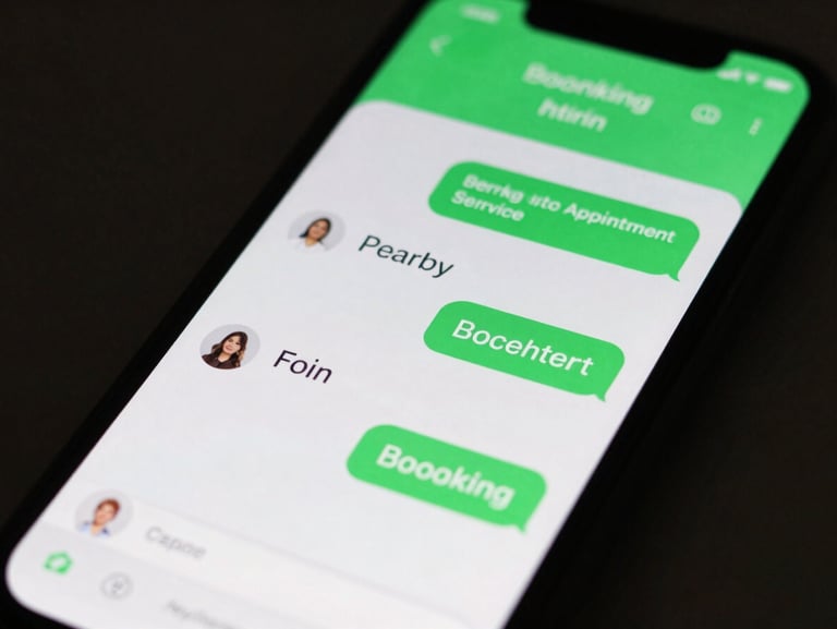 Mobile smartphone displaying an appointment booking app with green chat bubbles for customer service.