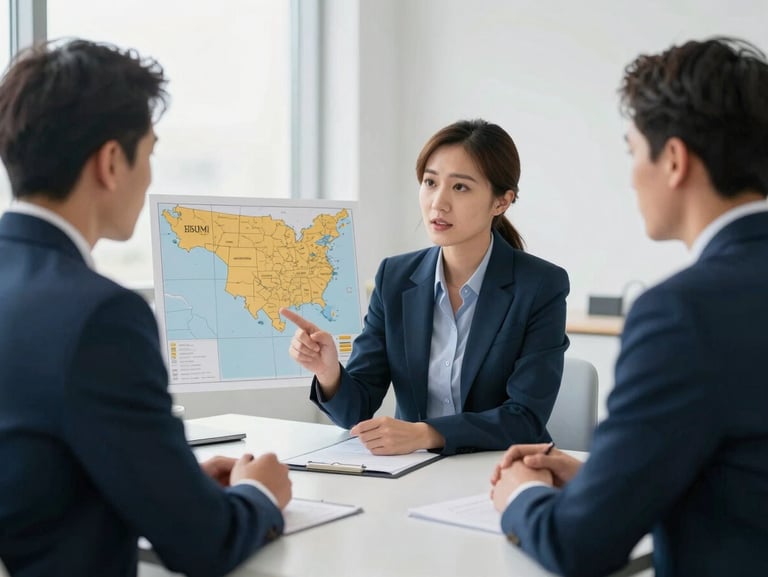 Professional B2B meeting, two executives discussing a regional map, bright natural light, clean corporate blue and warm gold tones, sharp focus, wide aspect ratio.