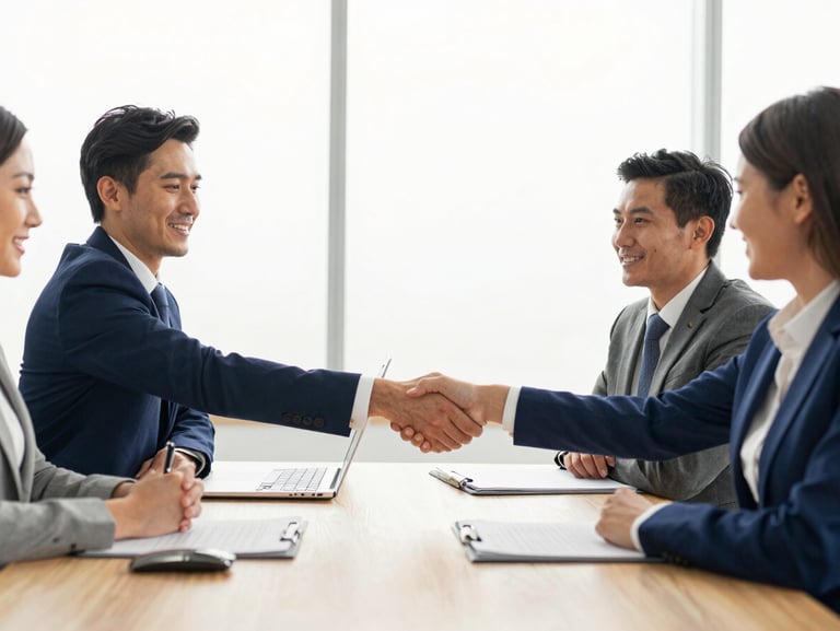 Business professionals shaking hands across a table, symbolizing a closed deal, modern office setting, bright natural light, clean corporate blue and warm gold tones, sharp focus, wide aspect ratio.