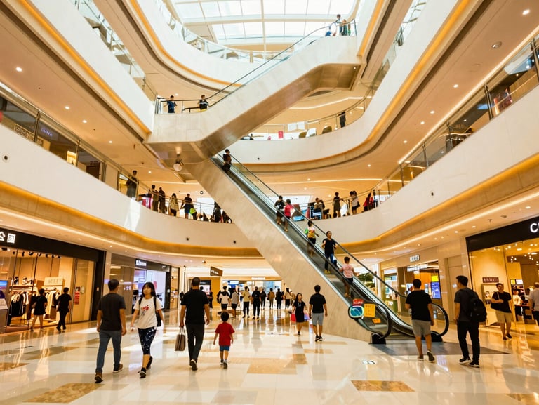 Interior photo of a bustling modern shopping mall atrium with multiple floors, escalators, and families shopping under warm natural atrium light, vibrant atmosphere.