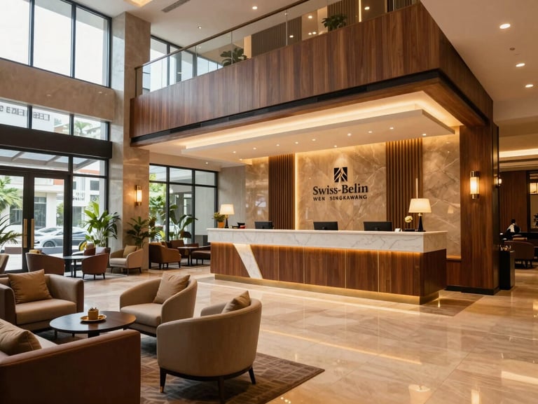 Elegant modern hotel lobby of Swiss-Belinn Singkawang with warm lighting, stylish reception desk, and comfortable lounge seating, professional and prestigious vibe.