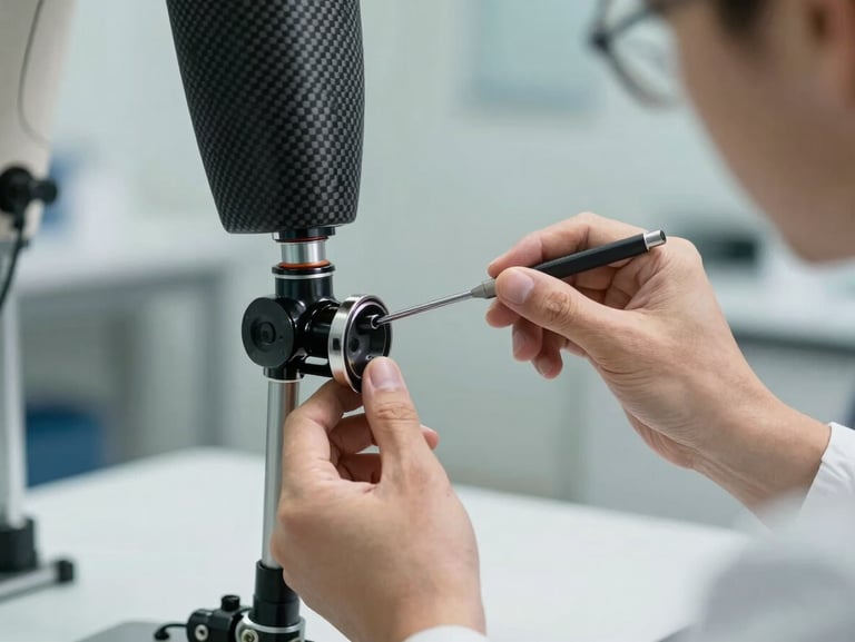 Clean, brightly lit clinical workshop. Close-up of a technician's hands carefully adjusting the alignment of a carbon fiber prosthetic leg joint with a small tool. Soft natural light.