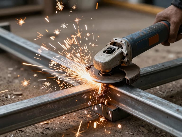 Active angle grinder cutting a thick steel frame in a Pretoria workshop, high-contrast natural daylight, bright sparks flying dramatically across the frame.