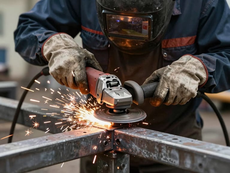 A professional welder in protective gear grinding a metal joint with an angle grinder, bright sparks flying, raw iron textures visible.