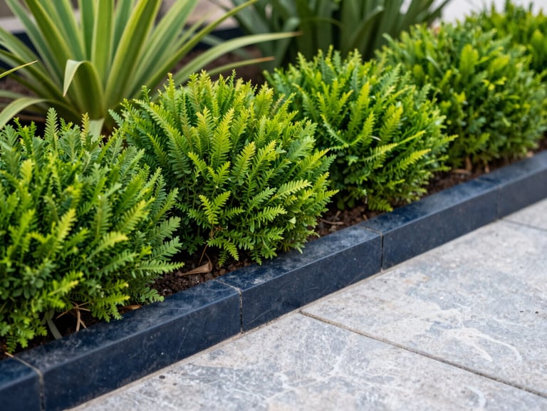 Crisp close-up of a freshly laid stone patio border with vibrant green manicured garden plants in bright daylight, 35mm
