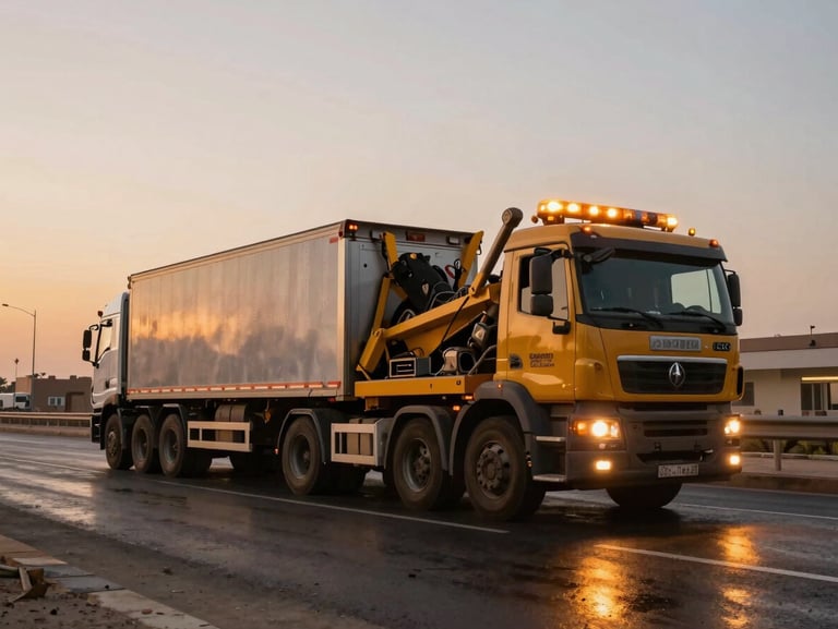 Wide-angle action shot of a massive commercial truck recovery operation on Sheikh Zayed Road at sunset, amber emergency strobe lights reflecting off wet asphalt, gritty realism