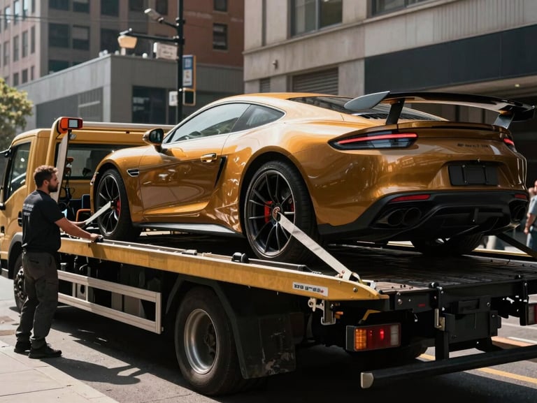A luxury sports car being carefully loaded onto a hydraulic flatbed tow truck, high-contrast urban daylight, soft straps secured to the wheels, professional zero-damage towing