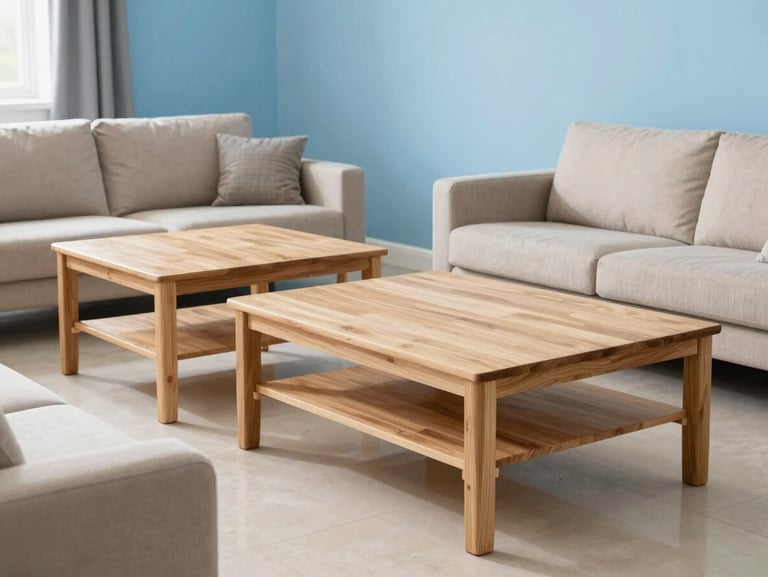Bright editorial photography of a clean modern living room with neatly placed furniture and assembled wooden tables, sharp focus, 35mm
