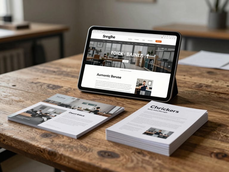 Straight-on eye-level shot of a modern tablet displaying a clean local business website next to a stack of printed, textured direct mailers on a rustic oak table, soft natural overcast daylight filtering from the side, realistic workshop background slightly out of focus.