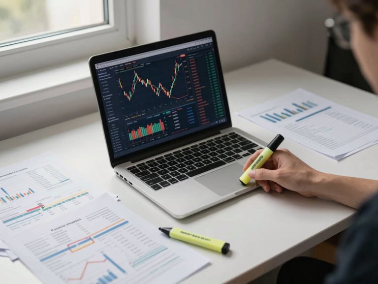 Wide shot of a study desk from above — laptop screen showing a stock market dashboard, scattered printed financial documents, a highlighter mid-use, clean daylight from a window to the upper left