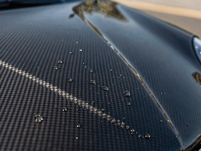 Extreme macro shot of water beads forming perfectly on a freshly waxed, deep black carbon fiber hood under sharp LED detailing lights.